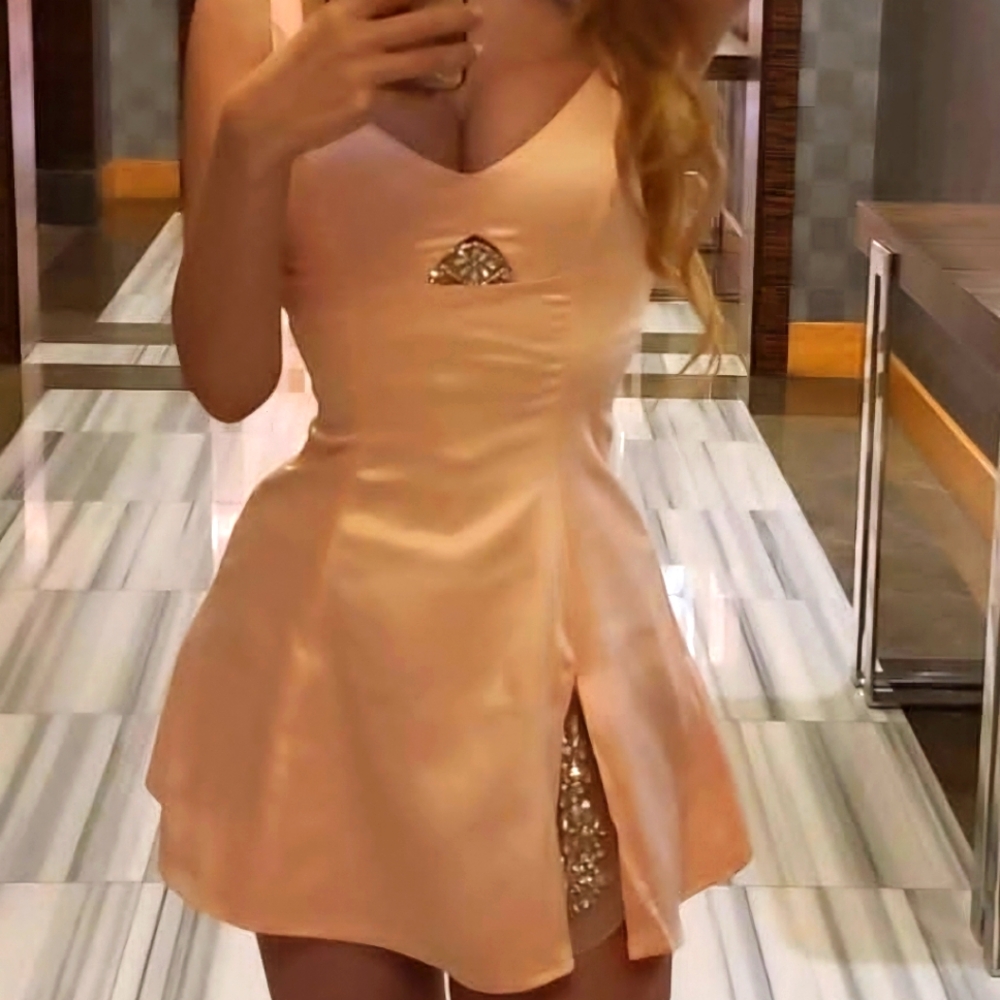 le palais vintage mini  slit dress rhinestone peach pink color